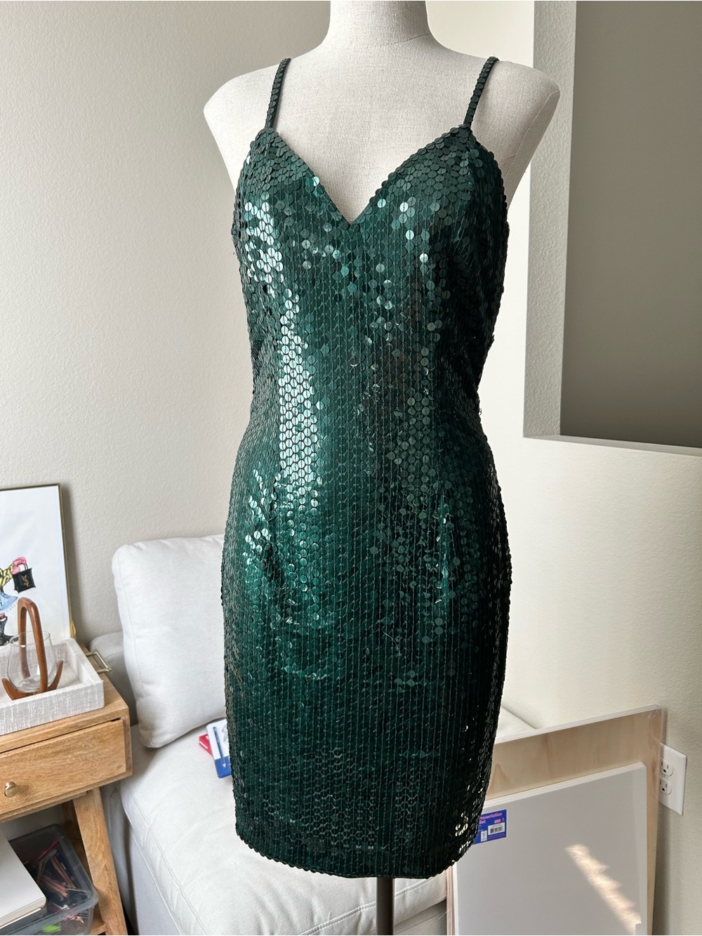 Vintage Niteline Della Roufogali Emerald Green Sequin-Strap Mini Dress - Picture 3 of 10